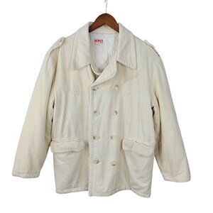Vintage 90s Corduroy Jacket Coat Large Warm Winter Double Breasted White Cream
